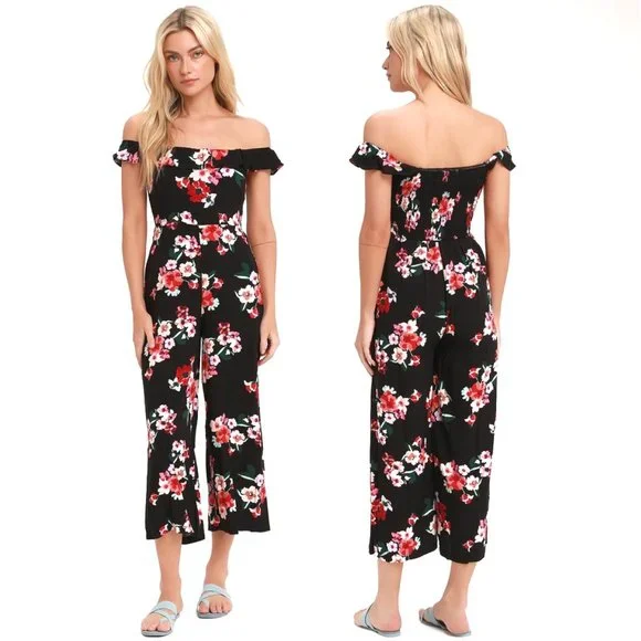NWT Lulu's Pretty Petals Black Floral Print Culotte Jumpsuit - Picture 3 of 16